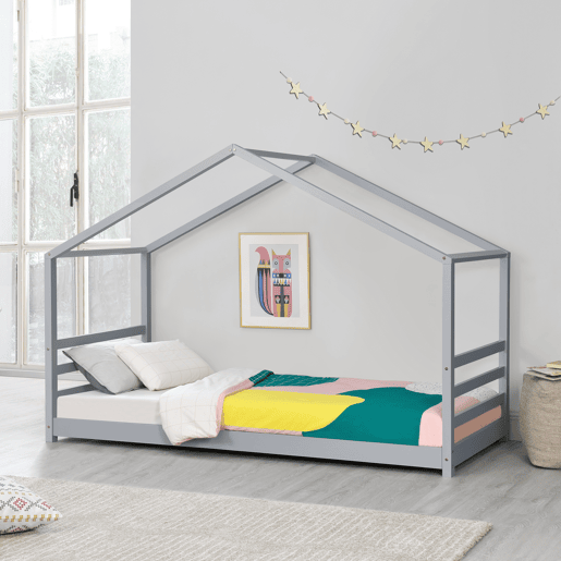 Cama de criança Vardø com estrado de molas - Forma de casa - pinho 200 x 90 cm - Lacado cinzento mate pt.casa.