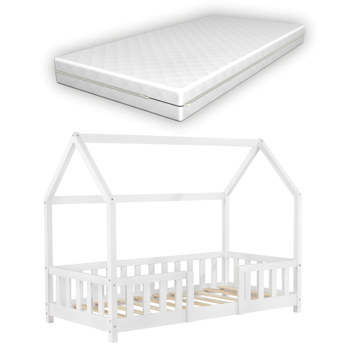 Cama para niños sisimiut forma de casa pino con colchón 80x160 cm blanco mate [en.casa][neu.haus]