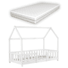 Cama de criança Sisimiut forma de casa pinho com colchão 80x160 cm branco mate en.casaneu.haus