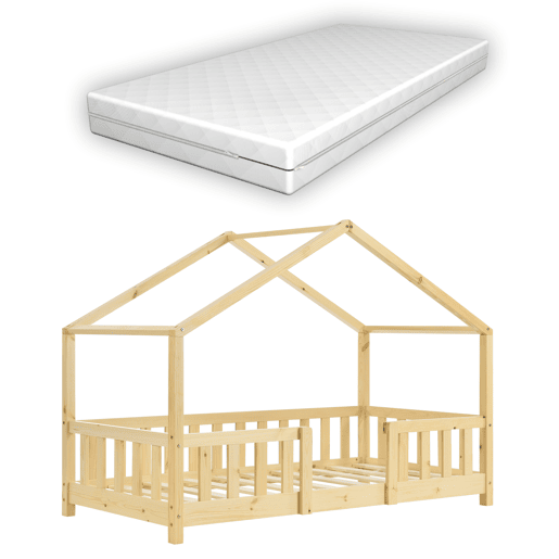 Cama de criança Treviolo em forma de casa em pinho com colchão ortopédico 70x140 cm - natural en.casaneu.haus.