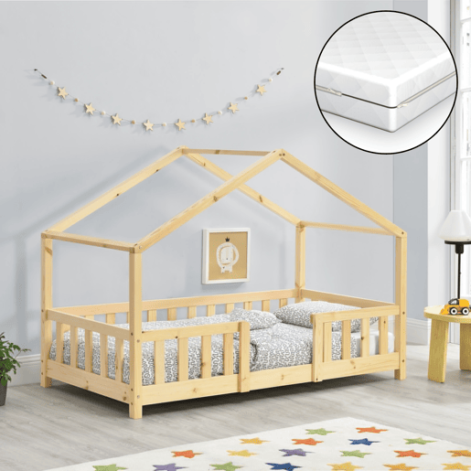 Cama de criança Treviolo em forma de casa em pinho com colchão ortopédico 70x140 cm - natural en.casaneu.haus.
