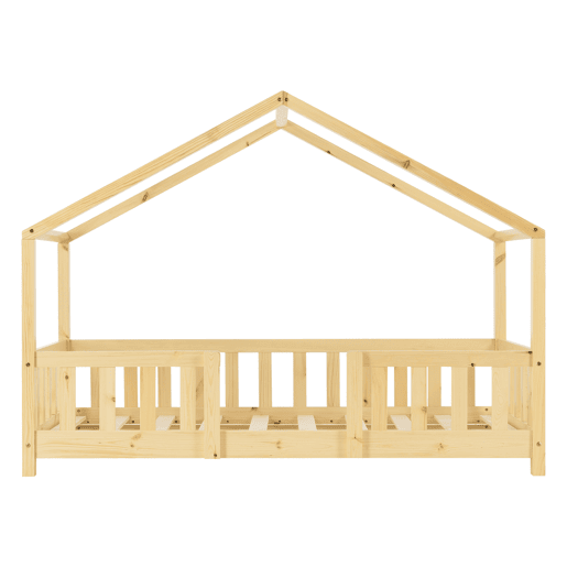Cama de criança Treviolo em forma de casa em pinho com colchão ortopédico 70x140 cm - natural en.casaneu.haus.