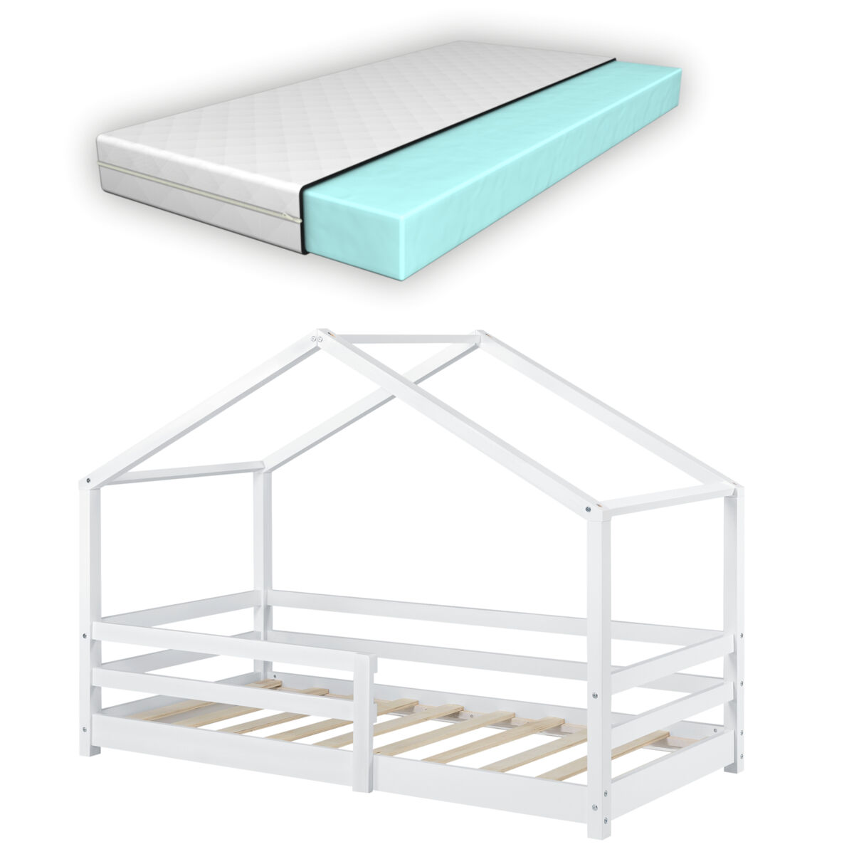 Cama para niños Knätten - Casita - con colchón ortopédico, reja 77x145 Blanco/ Beige