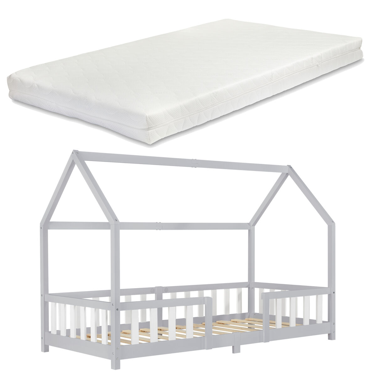 Cama para niños Sisimiut forma de casa con colchón 96x206 Blanco/ Gris