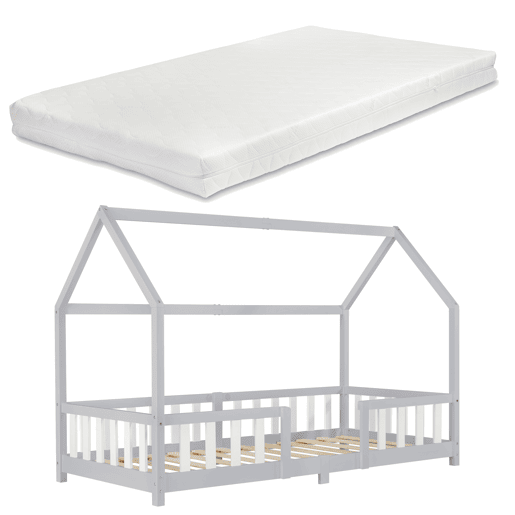 Cama de criança Sisimiut forma de casa pinho com colchão 90x200 cm cinzento claro branco mate en.casaneu.haus.