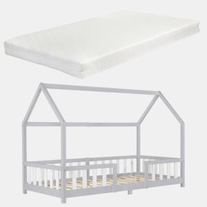 Cama de criança Sisimiut forma de casa pinho com colchão 90x200 cm cinzento claro branco mate en.casaneu.haus.
