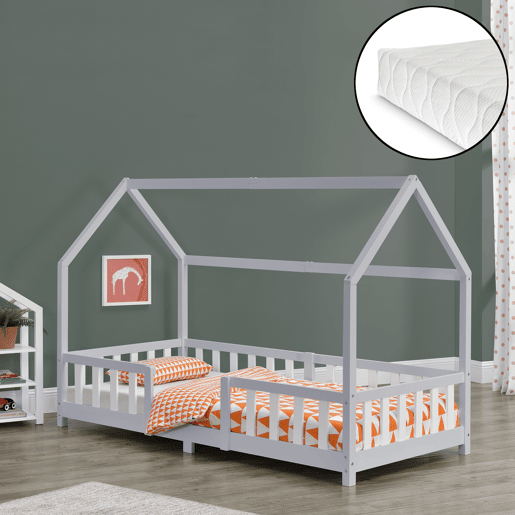 Cama de criança Sisimiut forma de casa pinho com colchão 90x200 cm cinzento claro branco mate en.casaneu.haus.