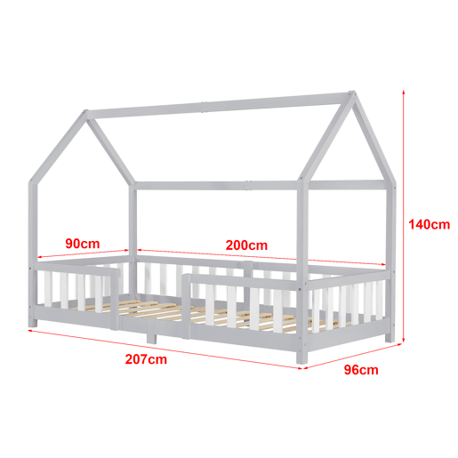 Cama de criança Sisimiut forma de casa pinho com colchão 90x200 cm cinzento claro branco mate en.casaneu.haus.