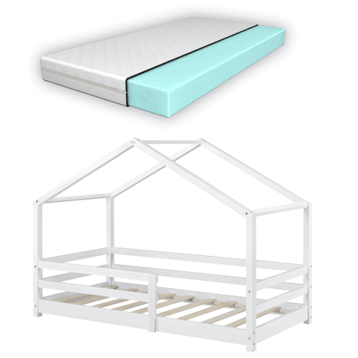 Cama de criança Knätten - Cottage - com colchão ortopédico, estrado de ripas e estrado de molas - pinho 80 x 160 cm - branco mate en.casa.