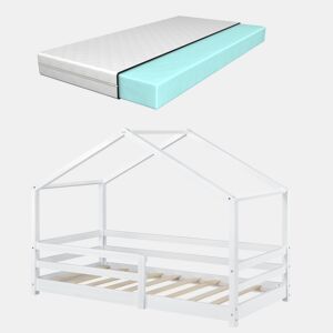 Cama de criança Knätten - Cottage - com colchão ortopédico, estrado de ripas e estrado de molas - pinho 80 x 160 cm - branco mate en.casa.