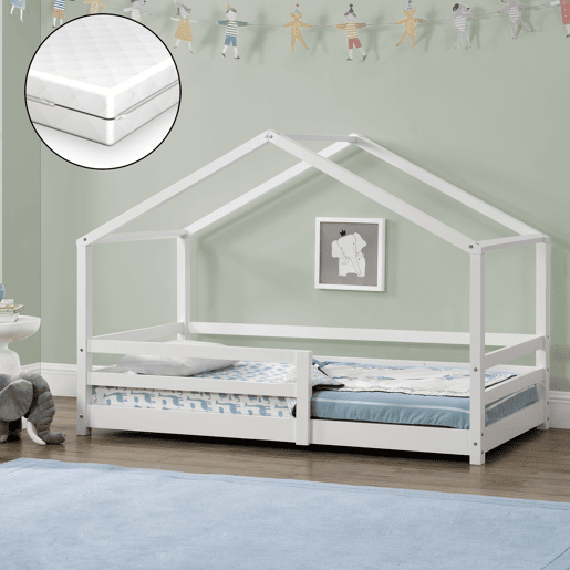 Cama de criança Knätten - Cottage - com colchão ortopédico, estrado de ripas e estrado de molas - pinho 80 x 160 cm - branco mate en.casa.
