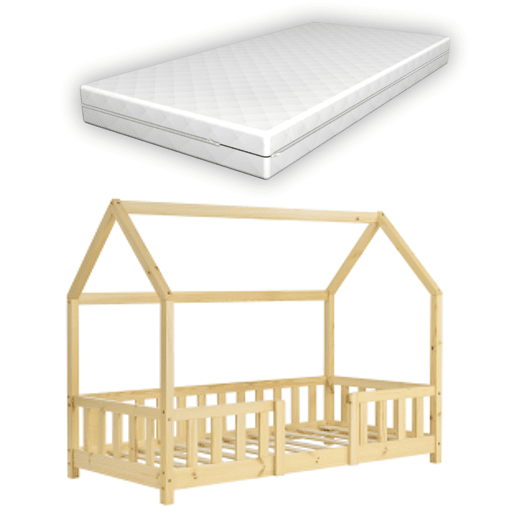 Cama de criança Sisimiut forma de casa pinho com colchão 70x140 cm natural en.casaneu.haus