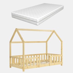 Cama de criança Sisimiut forma de casa pinho com colchão 70x140 cm natural en.casaneu.haus