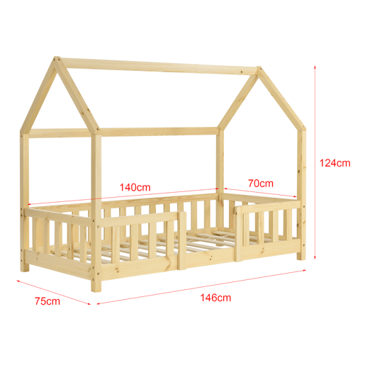 Cama de criança Sisimiut forma de casa pinho com colchão 70x140 cm natural en.casaneu.haus