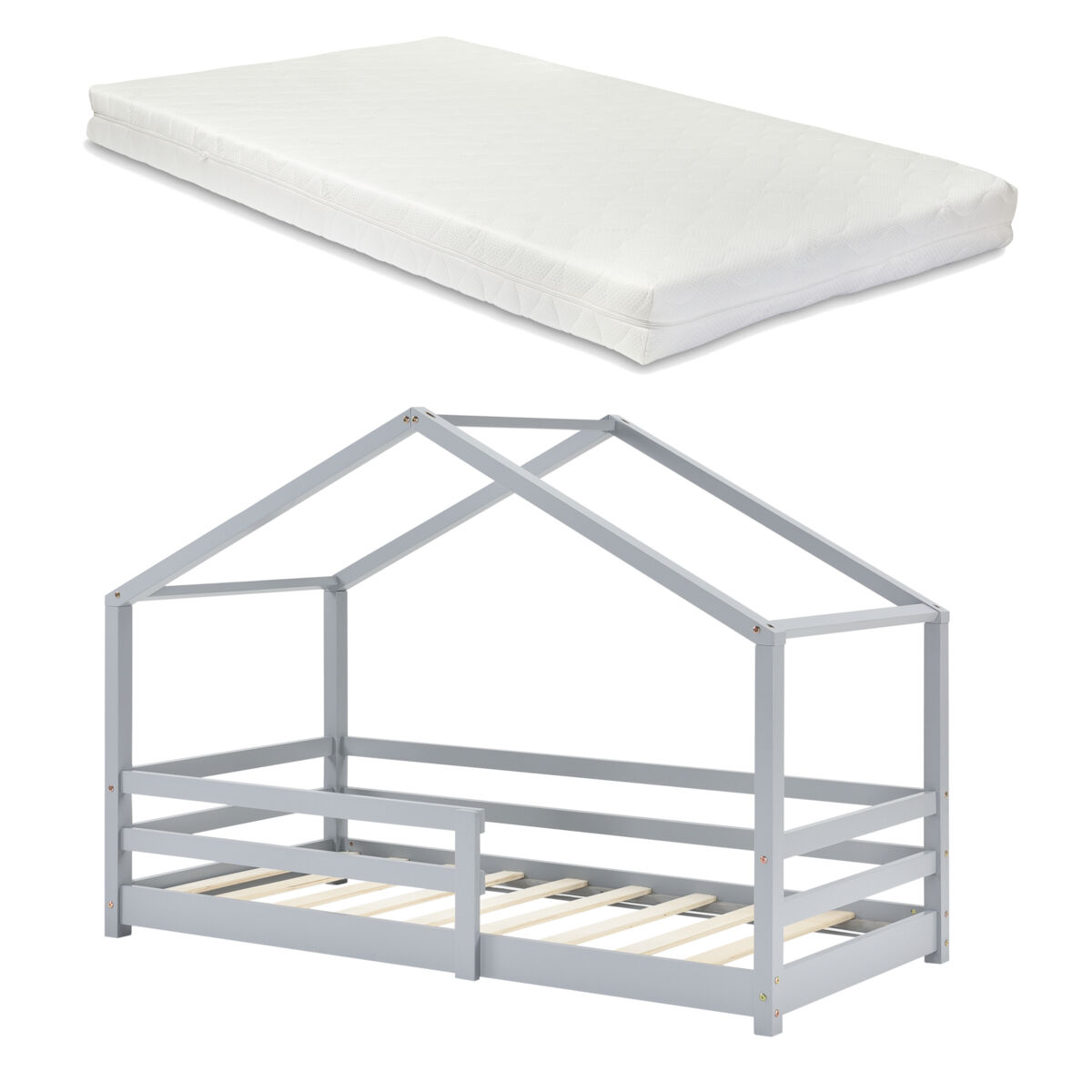 Cama para niños Knätten - Casita - con colchón ortopédico, reja 97x205 Gris Claro