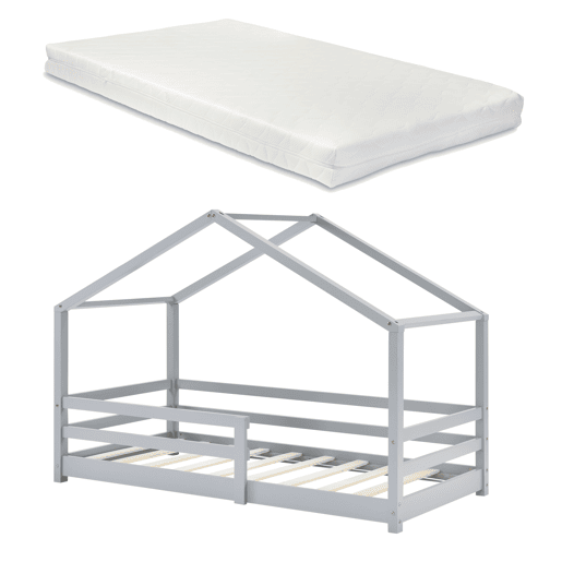 Cama de criança Knätten - Cottage - com colchão, estrado de ripas e estrado de molas - pinho 90 x 200 cm - cinzento claro mate en.casa.