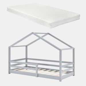 Cama de criança Knätten - Cottage - com colchão, estrado de ripas e estrado de molas - pinho 90 x 200 cm - cinzento claro mate en.casa.