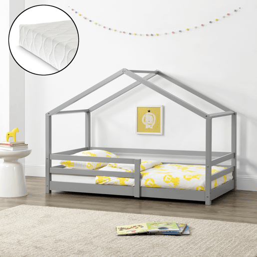 Cama de criança Knätten - Cottage - com colchão, estrado de ripas e estrado de molas - pinho 90 x 200 cm - cinzento claro mate en.casa.