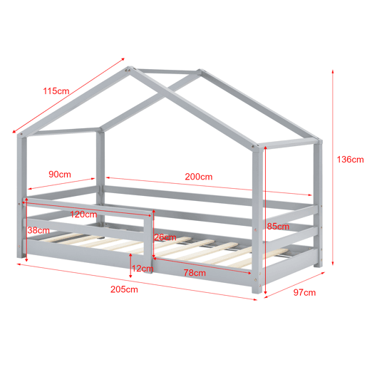 Cama de criança Knätten - Cottage - com colchão, estrado de ripas e estrado de molas - pinho 90 x 200 cm - cinzento claro mate en.casa.
