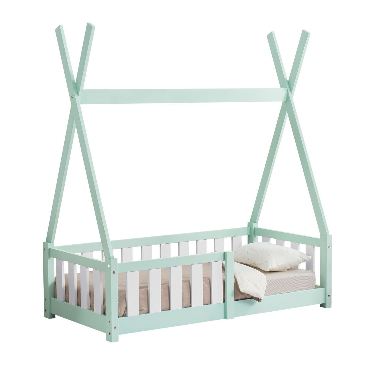 Cama infantil helsingborg con reja de seguridad - estructura tipi - pino 140x70 cm - verde menta [en.casa]