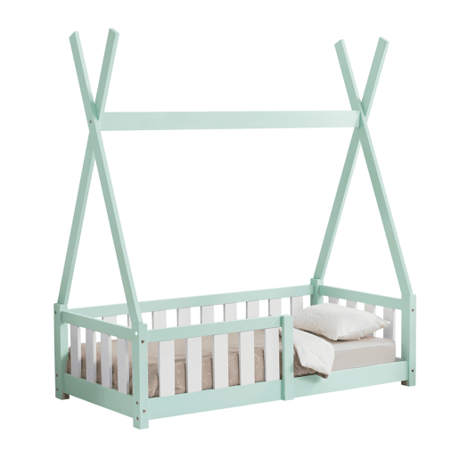 Cama de criança Helsingborg com grelha de segurança - estrutura Tepee - pinho 140x70 cm - verde menta en.casa.