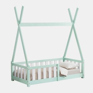 Cama de criança Helsingborg com grelha de segurança - estrutura Tepee - pinho 140x70 cm - verde menta en.casa.