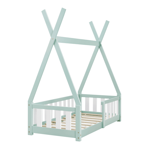 Cama de criança Helsingborg com grelha de segurança - estrutura Tepee - pinho 140x70 cm - verde menta en.casa.