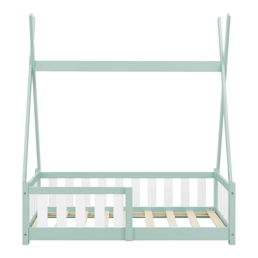 Cama de criança Helsingborg com grelha de segurança - estrutura Tepee - pinho 140x70 cm - verde menta en.casa.