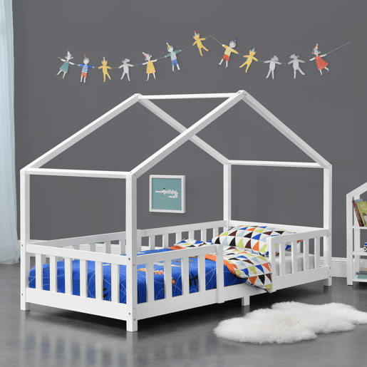 Cama de criança Treviolo forma de casa pinho 90x200 cm branco mate en.casa.