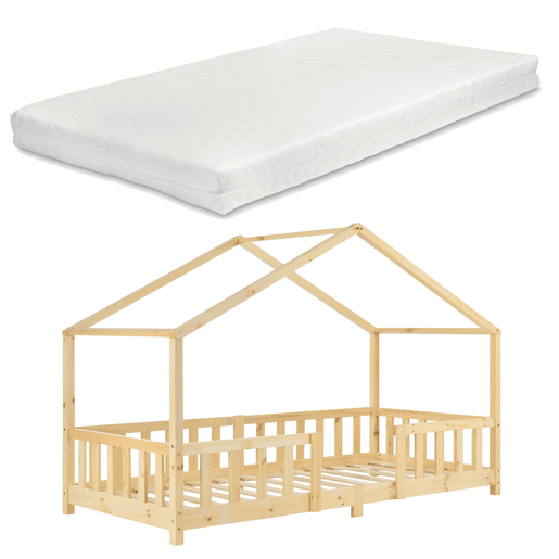 Cama de criança Treviolo em forma de casa em pinho com colchão 90x200 cm - natural en.casaneu.haus.