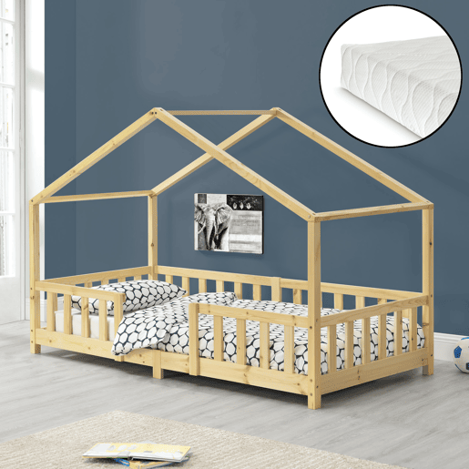 Cama de criança Treviolo em forma de casa em pinho com colchão 90x200 cm - natural en.casaneu.haus.