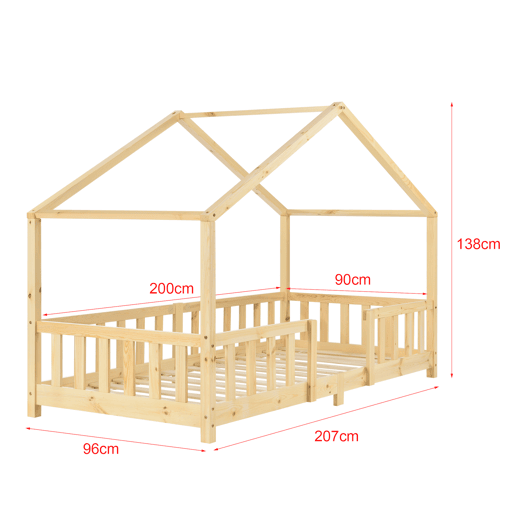 Cama de criança Treviolo em forma de casa em pinho com colchão 90x200 cm - natural en.casaneu.haus.