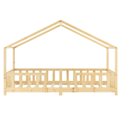 Cama de criança Treviolo em forma de casa em pinho com colchão 90x200 cm - natural en.casaneu.haus.