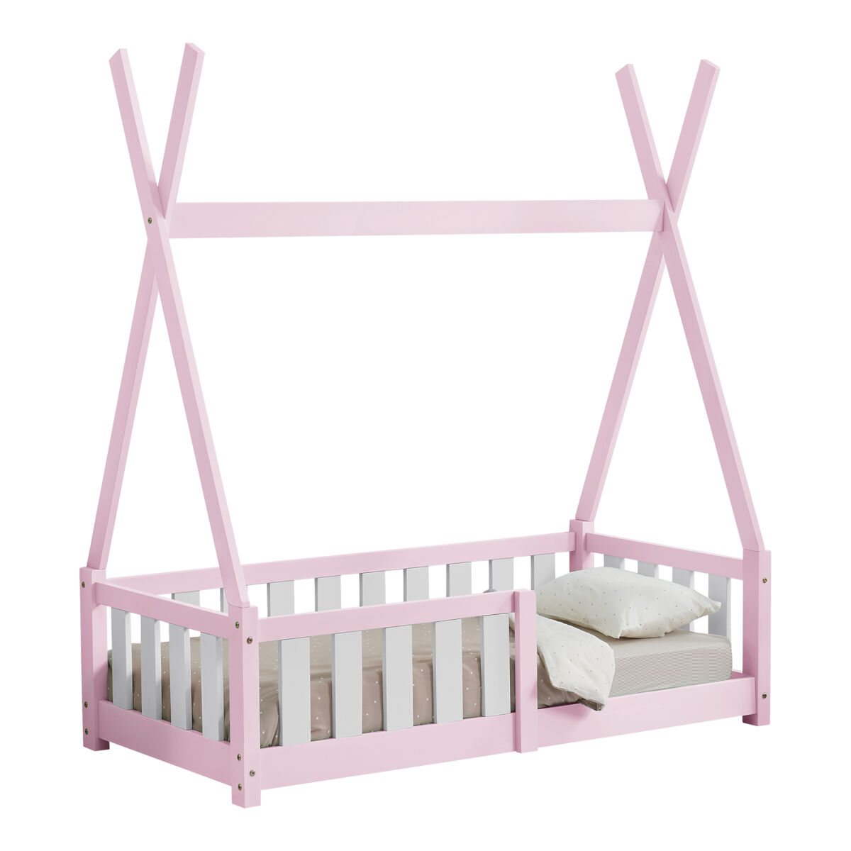 Cama infantil helsingborg con reja de seguridad - estructura tipi - pino 140x70 cm - rosa [en.casa]