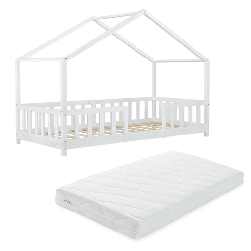 Cama de criança Treviolo forma de casa pinho + colchão 80x160 cm - Branco en.casa