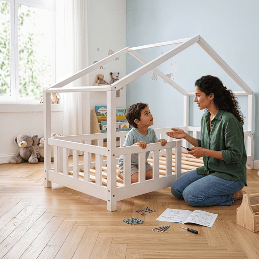 Cama de criança Treviolo forma de casa pinho + colchão 80x160 cm - Branco en.casa