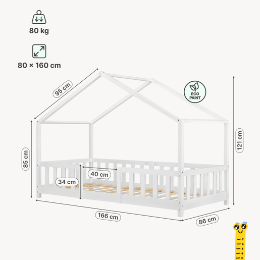 Cama de criança Treviolo forma de casa pinho + colchão 80x160 cm - Branco en.casa