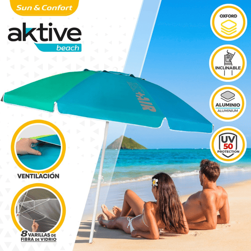 Guarda-sol de praia teto ventilado de 200 cm + proteção UV50 Aktive Beach