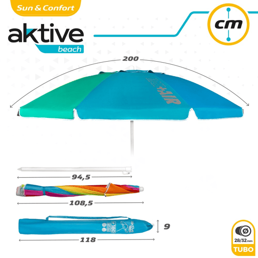 Guarda-sol de praia teto ventilado de 200 cm + proteção UV50 Aktive Beach