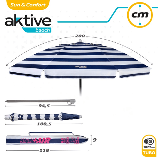 Guarda-sol de 200 cm com teto ventilado + proteção UV50 Aktive Beach