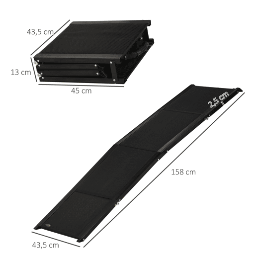 PawHut Rampa Dobrável para Cães Rampa para Animais de Estimação com Superfície Antiderrapante Alça e Gancho Carga Máxima 60 kg 158x43,5x2,5 cm Preto