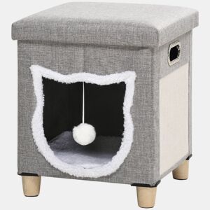PawHut Cama Caverna para Gatos 2 em 1 Casa para Gatos Interior Tipo Apoio para os Pés com Almofada Amovível Bola Suspensa e Almofada para Arranhar 35,5x35,5x42,5 cm Cinza