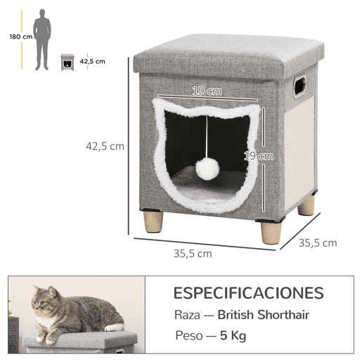 PawHut Cama Caverna para Gatos 2 em 1 Casa para Gatos Interior Tipo Apoio para os Pés com Almofada Amovível Bola Suspensa e Almofada para Arranhar 35,5x35,5x42,5 cm Cinza
