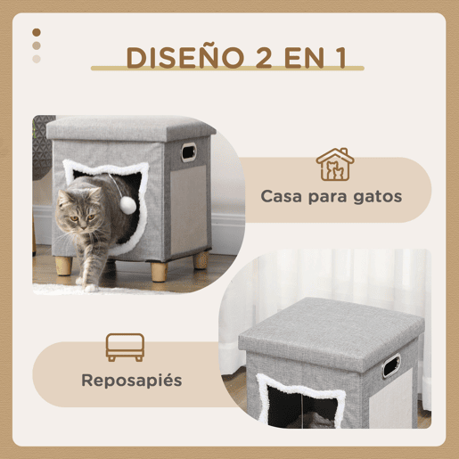 PawHut Cama Caverna para Gatos 2 em 1 Casa para Gatos Interior Tipo Apoio para os Pés com Almofada Amovível Bola Suspensa e Almofada para Arranhar 35,5x35,5x42,5 cm Cinza
