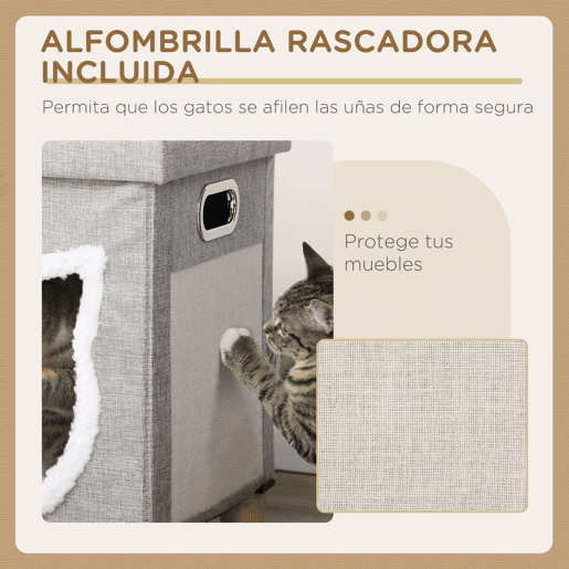PawHut Cama Caverna para Gatos 2 em 1 Casa para Gatos Interior Tipo Apoio para os Pés com Almofada Amovível Bola Suspensa e Almofada para Arranhar 35,5x35,5x42,5 cm Cinza