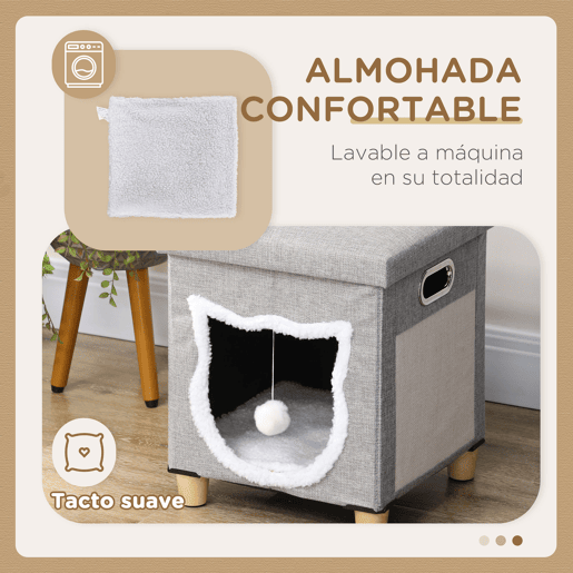 PawHut Cama Caverna para Gatos 2 em 1 Casa para Gatos Interior Tipo Apoio para os Pés com Almofada Amovível Bola Suspensa e Almofada para Arranhar 35,5x35,5x42,5 cm Cinza