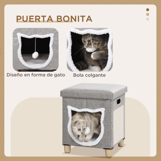 PawHut Cama Caverna para Gatos 2 em 1 Casa para Gatos Interior Tipo Apoio para os Pés com Almofada Amovível Bola Suspensa e Almofada para Arranhar 35,5x35,5x42,5 cm Cinza