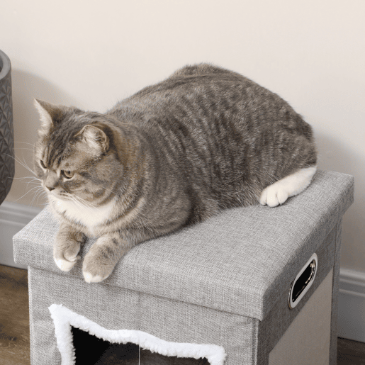 PawHut Cama Caverna para Gatos 2 em 1 Casa para Gatos Interior Tipo Apoio para os Pés com Almofada Amovível Bola Suspensa e Almofada para Arranhar 35,5x35,5x42,5 cm Cinza