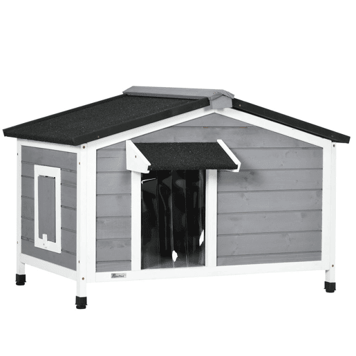 PawHut Casa para Cães de Madeira 97x72x65 cm Casa para Animais de Estimação com Teto Asfáltico 2 Janelas Porta com Cortina e Base Amovível Cinza