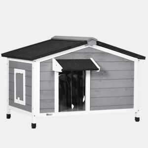 PawHut Casa para Cães de Madeira 97x72x65 cm Casa para Animais de Estimação com Teto Asfáltico 2 Janelas Porta com Cortina e Base Amovível Cinza